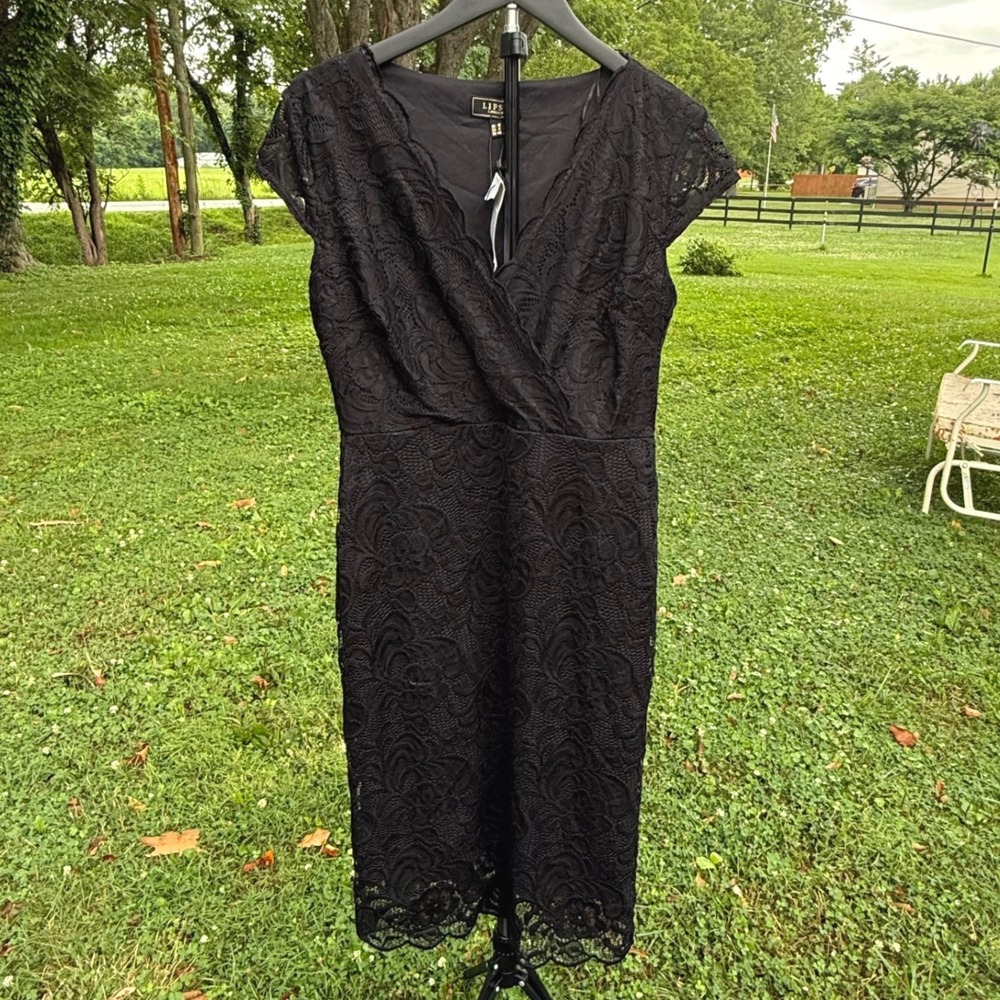 Lipsy London Black Lace Wrap V-Neck Sheath Dress US 8 Cocktail Classic Wedding